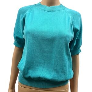 Designers Originals Vintage Zip Back Teal Cotton Short Sleeve Sweater Womens S